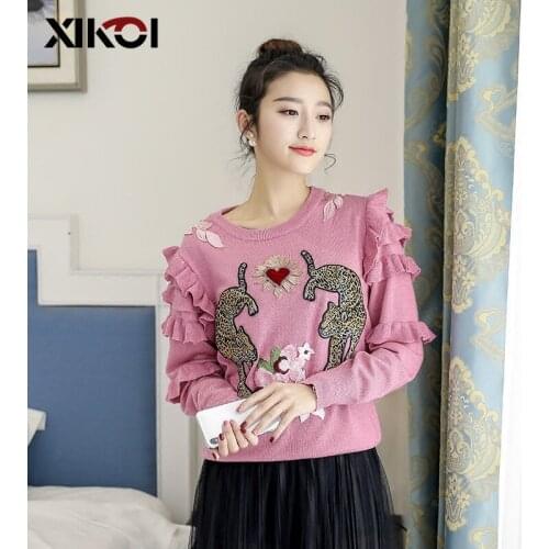 Luxury Embroidery Sweater Korean Autumn Winter Womens Long Sleeve Flower Animal Heart Ruffles Knitted Pullovers And Sweaters