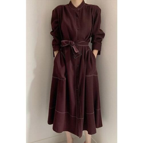 Sashes Casual Loose Ladies Navy Blue Dress Autumn 2021 New Women Simple Stand-Up Collar Long Sleeve Single-Breasted Loose