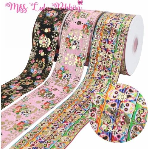 3 "75 Flower Series Golden Spring Daisy Gold Foil Printing 3-Color Ribbon DIY Gift Accessories 50 Yards / Roll