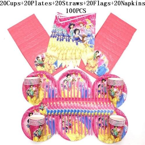 100Pcs/lot Jasmine Party Supplies Disposable Jasmine Cups Plates Napkins Straws Flag Happy Birthday Decorations For Kids