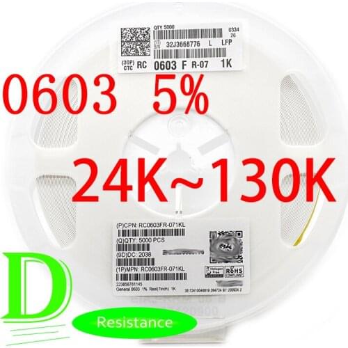 100PCS SMD Resistor 0603 5% RC0603JR-07 Series 24K 27K 30K 33K 36K 39K 43K 47K 51K 56K 62K 68K 75K 82K 91K 100K 110K 120K 130K