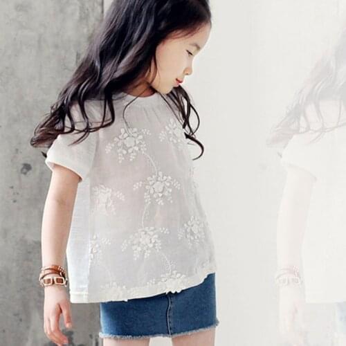 2021 Summer 3-12 Years Old Cute White Cotton Embroidery Flower Floral Short Sleeve Teen Teenagers T Shirt For Girls 11 12 Years