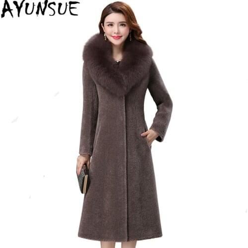 AYUNSUE Sheep Shearling Real Fur Coat Winter Jacket Women Fox Fur Collar Wool Coat Women Long Jackets Plus Size Manteau Femme MY