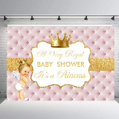 Royal princess girl baby shower backdrop birthday party decor background photo photography vinyl pink leather gold crown B-862