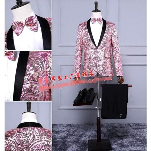 Freeship 100%real mens pink/golden flower pattern full sequins tuxedo jacket/event/studio/sing/stage performance/jacket