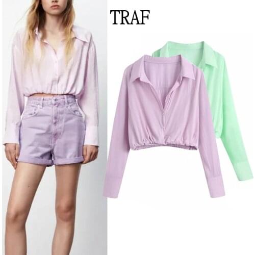 TRAF Za Blouse Short Women Shirts 2021 Spring Loose Long Sleeve Top Woman Vintage Button Casual Blouses Chic Female Shirt Blusas