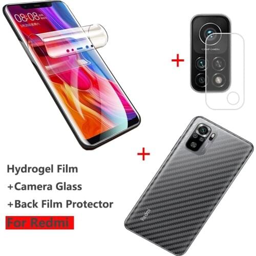 Hydrogel Film For Xiaomi Redmi Note10 10S Pro 9 9S Screen Protector + Carbor Fiber Back Film + Camera Lens Protector Glass