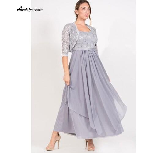 Graceful Two Pieces Lace Mother of the Bride Dresses With Jacket Three Quarter Sleeves Beaded Wedding Party Gowns