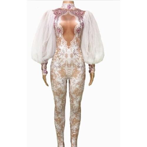 Fashion Spandex Lace Sleeves Rhinestones Jumpsuit Sexy Womens Leggings One Piece Performance Stage Costume Nightclub Outfit