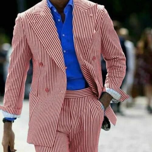 Fashion Casual Thin Pure Soft Cotton Striped Seersucker Mens Suits Costume Wedding Formal Tuxedos Double-Breasted Party Blazer