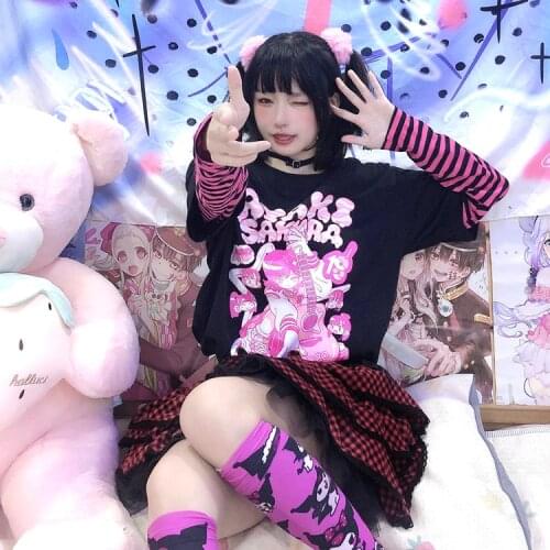 Original comic print striped fake 2pcs Long Sleeved T shirt Harajuku Japanese Sweet Cute Girls Tshirt Student Casual Top Tees