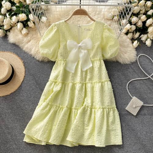 Korobov Japanese Sweet Bow Puff Sleeve Dress 2021 New Korean Eleagnt Party Night Dresses V Neck A--Line Vestidos Mujer