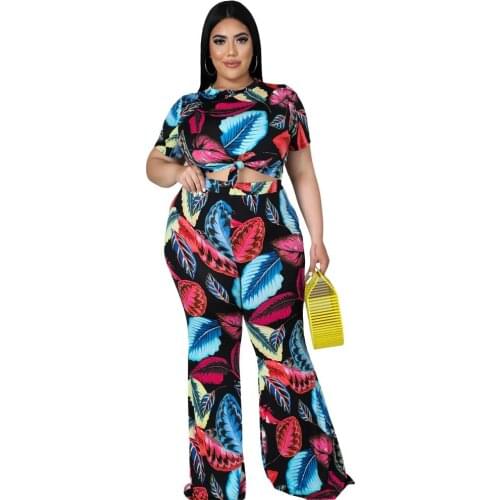 Casual Women Bohemian Style Two Piece Sets Plus Size 2021 Spring O-Neck Short Sleeve Crop Tops High Waist Pants Outfits