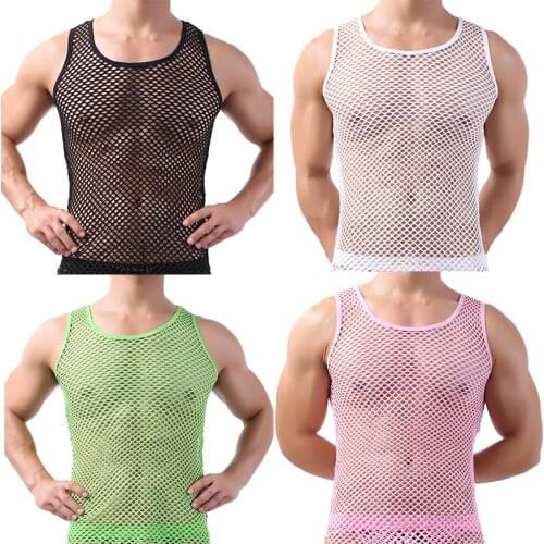 Sexy Mens Undershirts Mesh Transparent Tank Tops Fishnet Breathable Sleeveless Shirts Sleepwear Sports Fitness Casual Camiseta