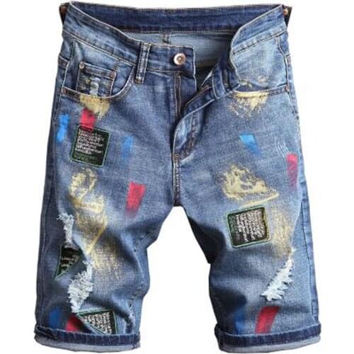 New Mens male fashion casual badge embroidery colored painted denim shorts Summer holes ripped jeans Slim straight breeches