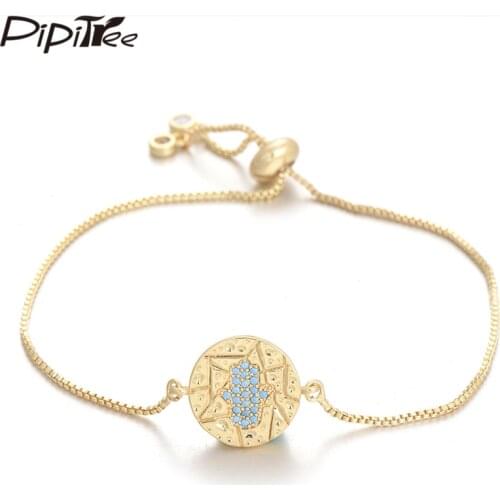 Pipitree Trendy Pitting Round Charm Hamsa Hand Bracelet for Women Men Unisex Blue CZ Zircon Gold Color Bracelets Chain Jewelry