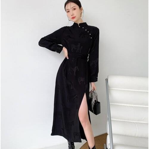 Spring Womens Black Side Split Zebra Jacquard Cheongsam Long Dress Long Sleeve Elegant Party Chic Dress