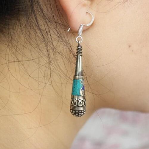ER187 Vintage Tibetan Long Women Earring Handmade Nepal Jewelry Copper Inlaid Coral Lapis Turquoises Stone Dangle Earrings
