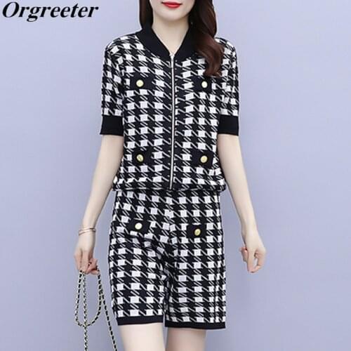 Tracksuits Women Summer Fall Short Sleeve Gold Button Plaid Zipper Knitted Cardigans + Short Pants 2 Piece set ensemble femme