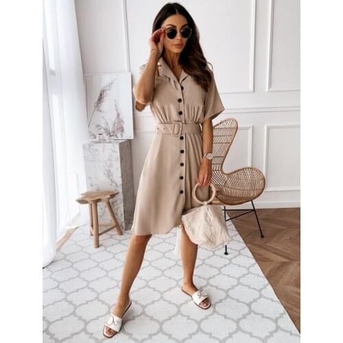 Womens Summer Fashion Solid Color Short-sleeved Dress V-neck Single-breasted Shirt Dress Elegent Ladies 2020 New