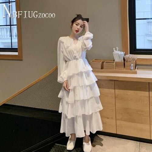 Temperament Women Dress 2021 Spring HongKong Style Fairy Chic Long Sleeve Cake Female Dresses