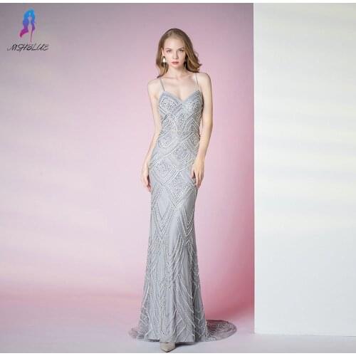 Robe De Soiree Sexy Silver Crystals Evening Dresses Long Straps Spaghetti Beaded Formal Gown Mermaid Dresses Backless MSHBLUE