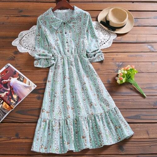 Mori girl bird bamboo print cute sweet dress autumn fashion long sleeve casual corduroy dress women midi vestidos