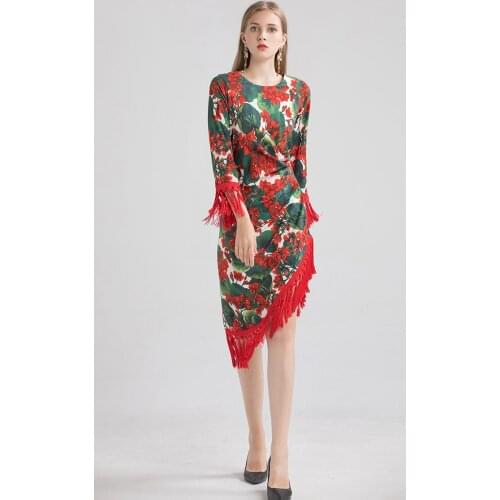 Women brand new high quality tassels 2021 Fall runways three quarter sleeves slim fit vintage dress A805