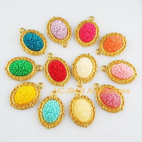12 New Flower Charms Gold Color Retro Oval Mixed Resin Pendants 16.5x23mm
