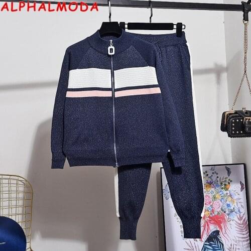 ALPHALMODA 2020 Contrast Color Striped Women Fashion knit cardigan sweater + Pants 2pcs Suit Bright Silk Knitting Clothes Set