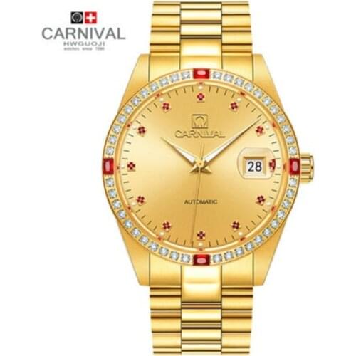 Carnival diamond gold military watch men top luxury brand full steel clock men watches waterproof saat montre reloj hombre uhren