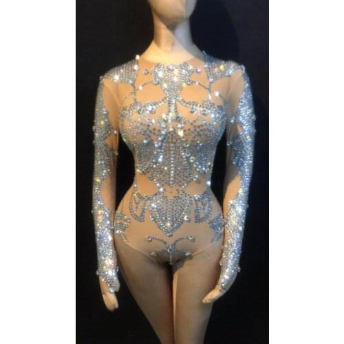DJ female singer gogo costumeSparkly nude bodysuit party girl Full diamond jumpsuit