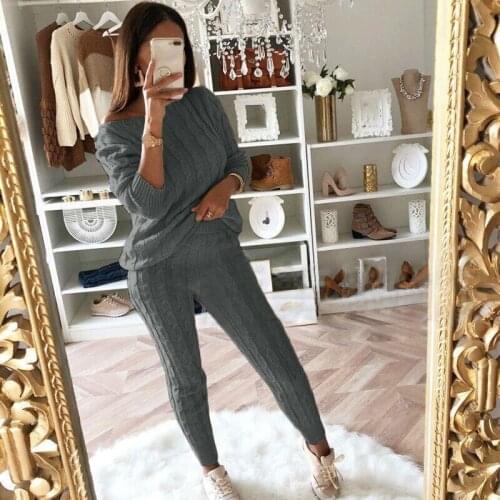 Womens 2 Piece Set Fashion Solid Casual Knitted Tracksuit Warm Sweater + Long Pants Sweatshirts Outfits Robe Femenina