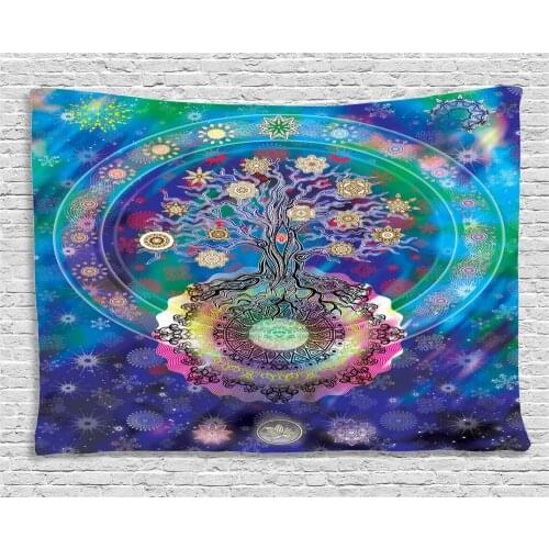 Tree of Life with Floral Style Mandala Artwork Meditation Peace Spa Design Tapestry Blue Purple