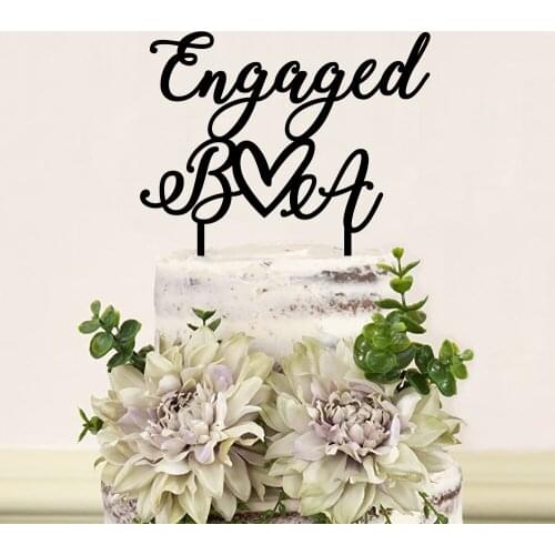 Personalized Initials Engaged Cake Topper Heart Custom Acrylic Wood Bride & Groom Wedding Engagement Bridal Shower Party Decor