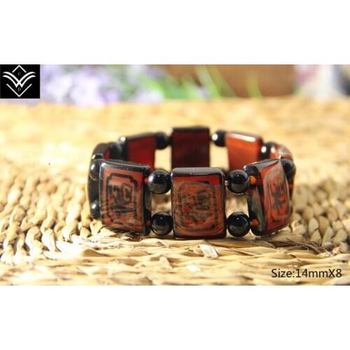 Fashion Natural Red Cystal Square Chinese Lucky Fu Character Male Buddha Beaded Bracelet Hot Sale