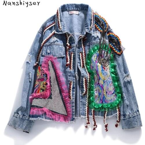 Autumn Loose Heavy work Diamond Lace splice Women Denim Jacket Streetwear Tassel Hole Bomber Jacket Jaqueta feminina Female Coat
