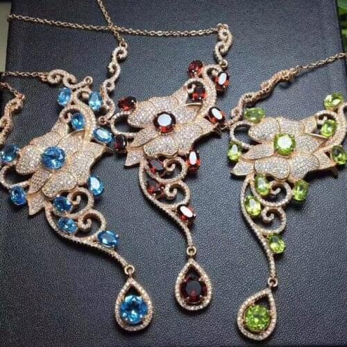 Natural blue topaz gem Necklace Natural peridot garnet Pendant Necklace S925 sliver Luxurious Flower woman party gift Jewelry