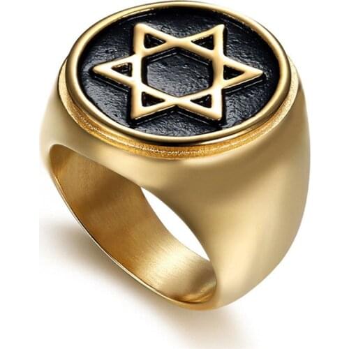 Punk Star of David Ring Gold Color Stainless Steel Vintage Round Cocktail Rings For Men Simple Party Jewelry Gift Dropshipping