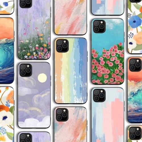 Luxury Funda Case for Iphone 12 Case for IPhone 12 11 Pro XR 7 X XS Max Mini 8 6 6S Plus SE 2020 Black TPU Art Painting Flower
