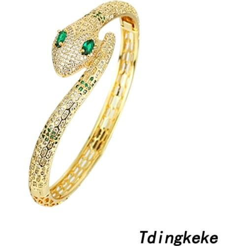 Luxury Womens Gold Bangles Bracelets Snake Green Eye Copper Zirconia 18K Gold Plated Adjustable Open Bangles Bangle