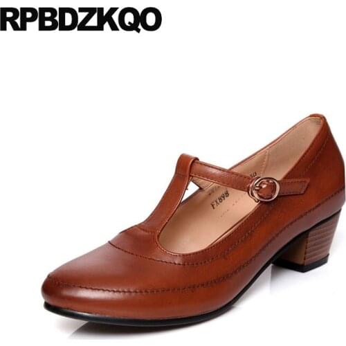 Medium heels brown block customized 2018 round toe t strap women leather grey shoes 10 42 genuine big size retro 4 34 11 43