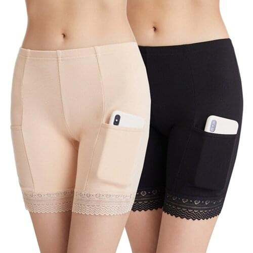 Safety Short Pants Plus Size High Waist Safety Elastic Shorts Under Skirt With Pockets Female Push Up Thin Lace Safety Shorts