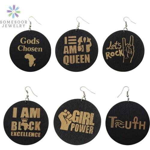 SOMESOOR Engraving Afro Wood Drop Earrings Black Lives Matter Rock Girl Power African Queen God Chosen Designs For Women 6 Pairs