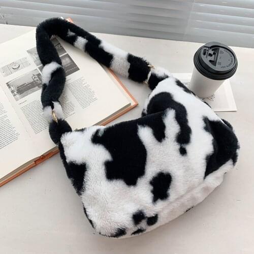 Fashion Womens Plush Bag Flower Animal Pattern Shoulder Underarm Bag Casual Ladies Large Capacity Tote Printing Zipper Handbags