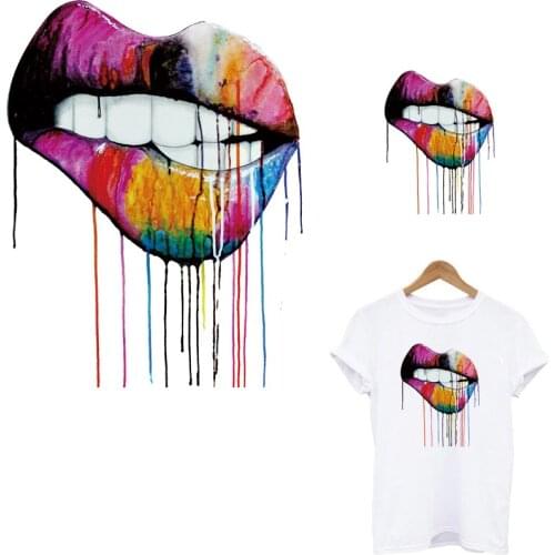 Colorful Sex Lips Thermal Strips Applique Sticker On Clothes Print-On T-shirt Hoodies Iron On Patches Watercolor Patch Accessory