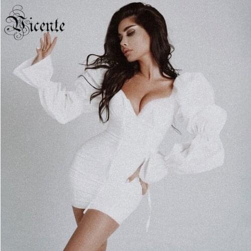 VC All Free Shipping Trendy White Dress Flared Sleeves Lace-up Design Square Collar Celebrity Party Club Mini Dress