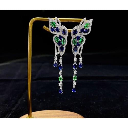 Vintage 100% 925 Sterling Silver Earring Butterfly Blue Emerald 5A Zircon For Women Anniversary Earring Fashion Jewelry