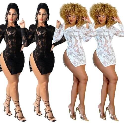 European and American womens clothing autumn new popular Lace Sexy nightclub zipper slit dress