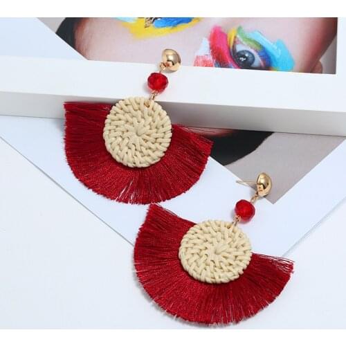 Ladies straw hand-woven fashion jewelry vintage tassel earrings ethnic style geometric earrings bohemian pendant earrings